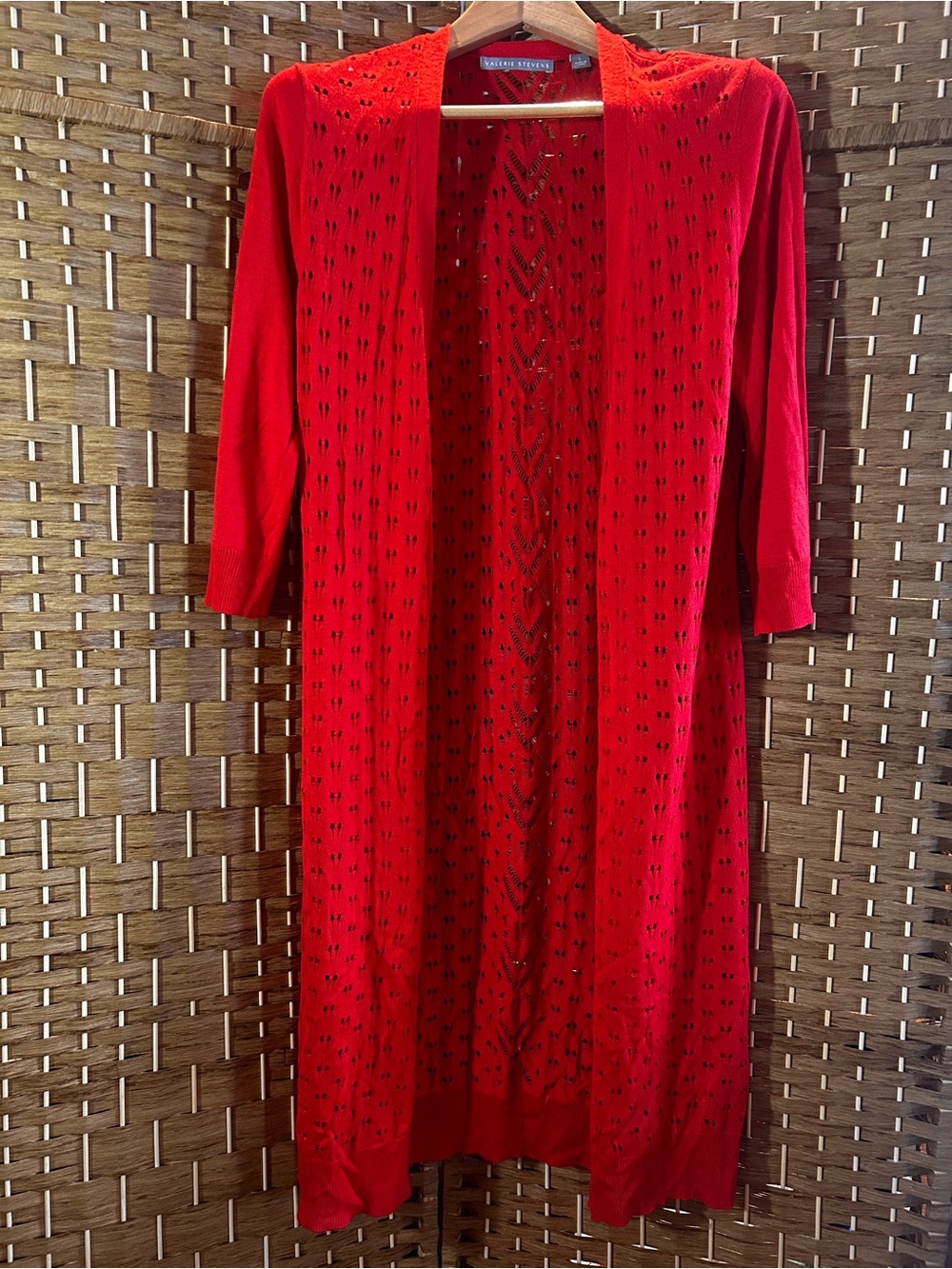 Long Red Pointelle Duster Cardigan Open Front Lightweight Knit Sweater L